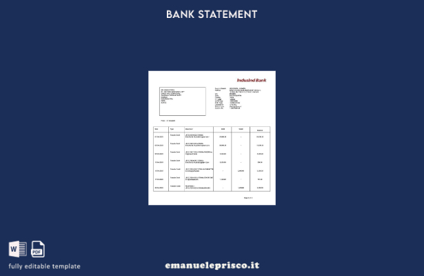 modello di parole dell'estratto conto bancario dell'India e dell'India in stile
