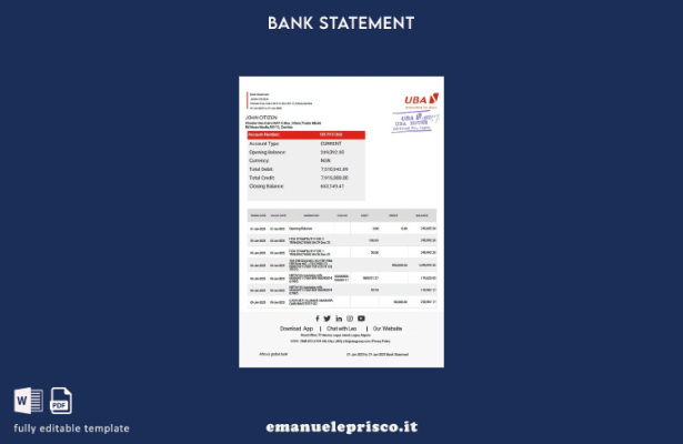 modello di parole dell'estratto conto bancario della United Bank for Africa dell