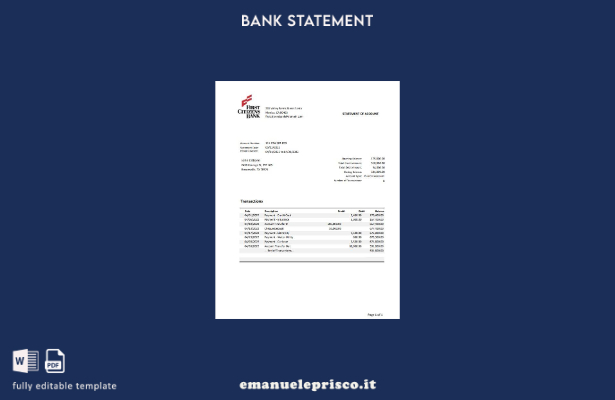 modello di parole di estratto conto bancario USA Texas First Citizens in stile v
