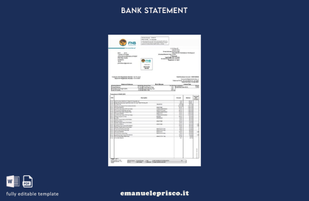 modello di parole per estratto conto bancario FNB del Sud Africa in stile verifi