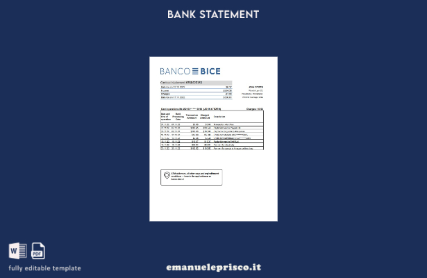 modello di versione Excel dell'estratto conto del Banco Bice in stile verificato