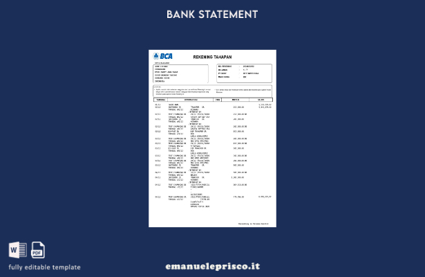 modello di versione word dell'estratto conto bancario BCA indonesiano in stile v