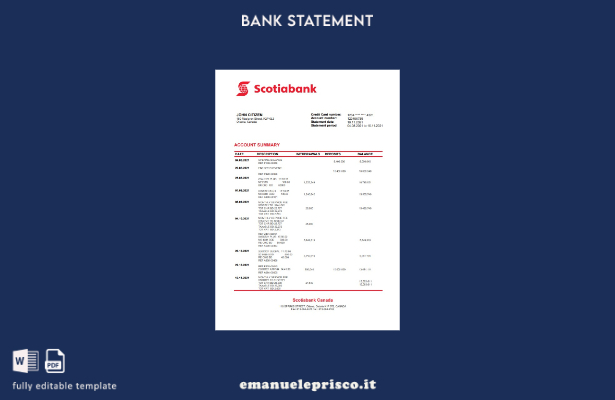 modello di versione word dell'estratto conto bancario Canada Scotiabank in stile