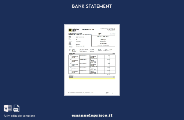 modello di versione word dell'estratto conto bancario Raiffeisen della Bulgaria