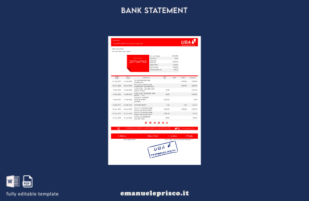 modello di versione word dell'estratto conto bancario UBA della Nigeria in stile
