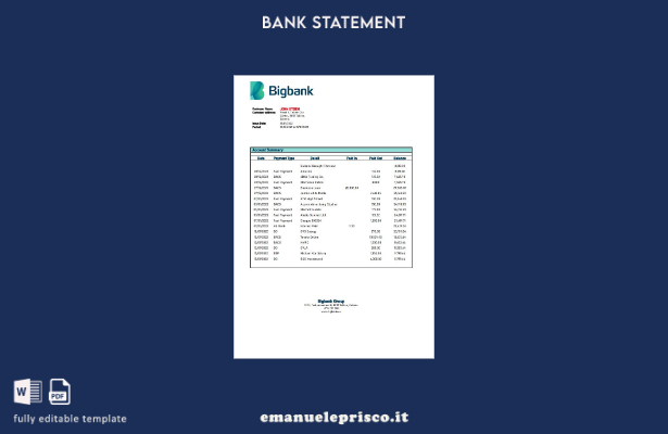 modello di versione word dell'estratto conto bancario di Bigbank Estonia in stil