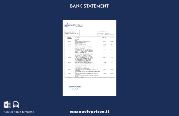 modello di versione word dell'estratto conto della Banca di San Marino in stile