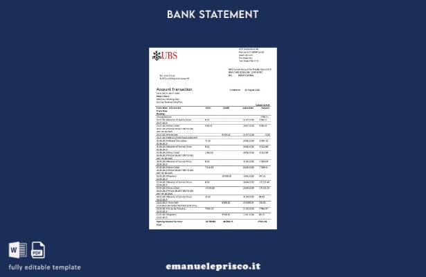 modello di versione word dell'estratto conto della banca UBS in stile verificato
