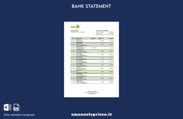 modello excel di estratto conto bancario della Palau Bank of Guam in stile verif