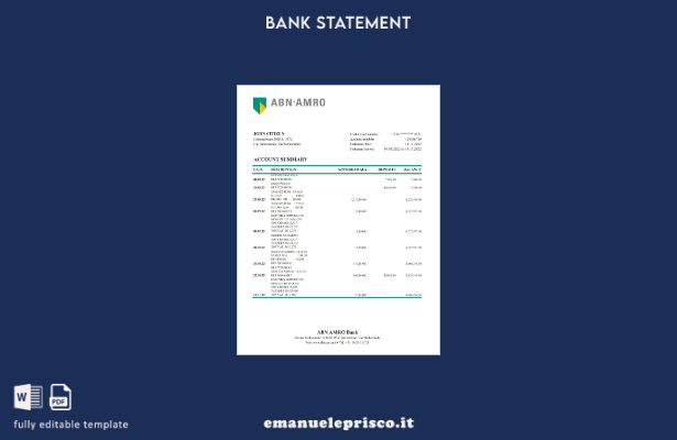 modello excel di estratto conto bancario olandese ABN AMRO in stile verificato