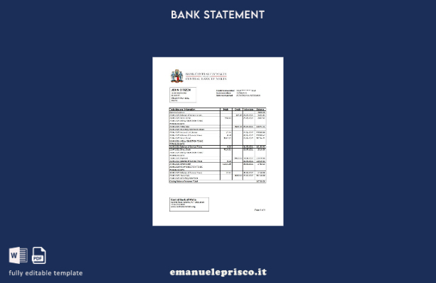 modello excel di estratto conto della Banca Centrale di Malta in stile verificat
