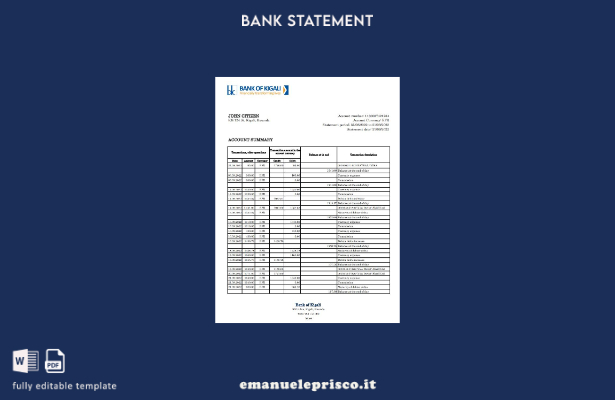 modello excel di estratto conto della Banca del Ruanda di Kigali in stile verifi
