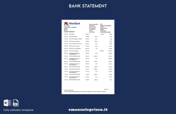 modello verbale di estratto conto Pakistan Allied Bank Limited in stile verifica