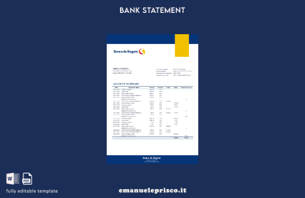modello versione Excel dell'estratto conto bancario Colombia Banco de Bogotá in