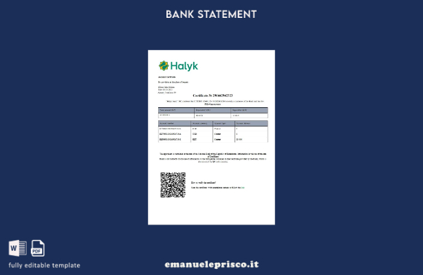 modello word di certificato di conto bancario Halyk del Kazakistan in stile veri
