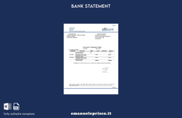 modello word di estratto conto Citibank USA in stile verificato