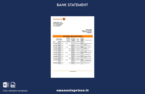modello word di estratto conto Lituania Swedbank in stile verificato