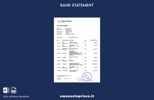 modello word di estratto conto Polonia Bank Pekao in stile verificato