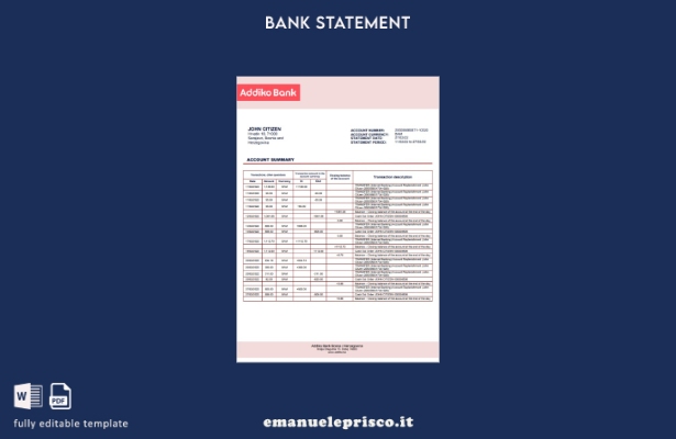 modello word di estratto conto bancario Addiko stile verificato Bosnia ed Erzego