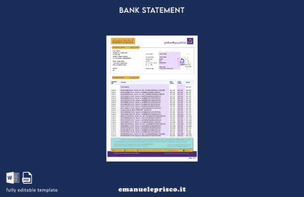 modello word di estratto conto bancario BISB del Bahrein in stile verificato