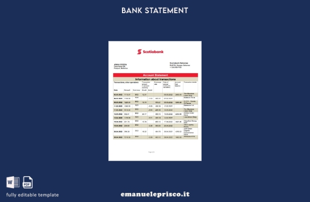 modello word di estratto conto bancario Bahamas Scotiabank in stile verificato