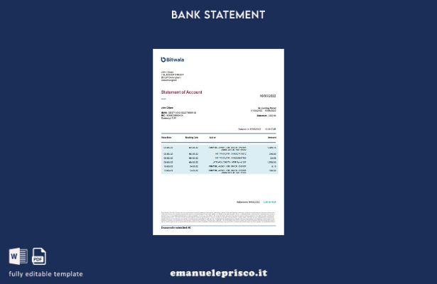 modello word di estratto conto bancario Bitwala del Regno Unito in stile verific