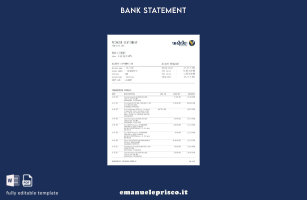 modello word di estratto conto bancario Cambogia ACLEDA in stile verificato