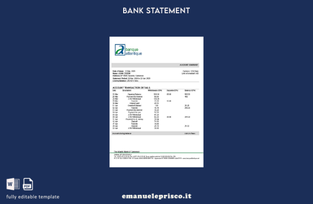 modello word di estratto conto bancario Camerun Atlantic in stile verificato
