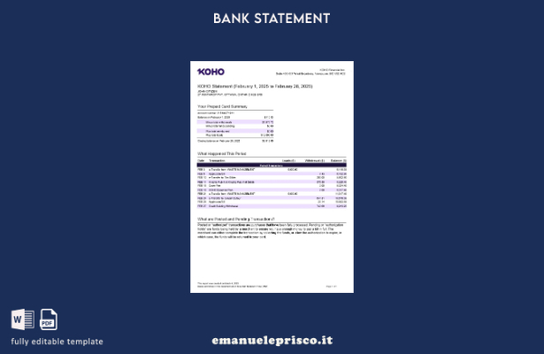 modello word di estratto conto bancario Canada KOHO Financial Incorporated in st