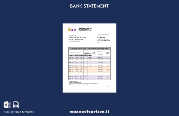 modello word di estratto conto bancario China Everbright in stile verificato