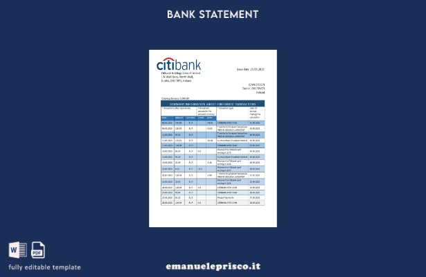 modello word di estratto conto bancario Citibank Irlanda in stile verificato