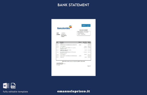 modello word di estratto conto bancario Colombia Bancolombia in stile verificato