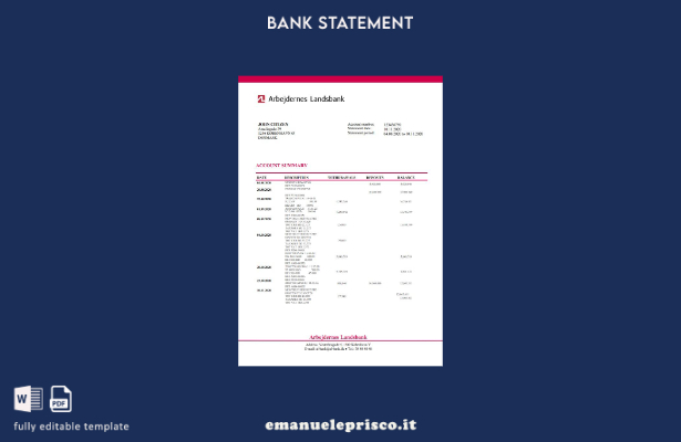 modello word di estratto conto bancario Danimarca Arbejdernes Landsbank in stile
