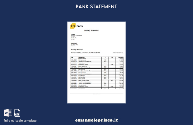 modello word di estratto conto bancario EQ USA Ontario stile verificato