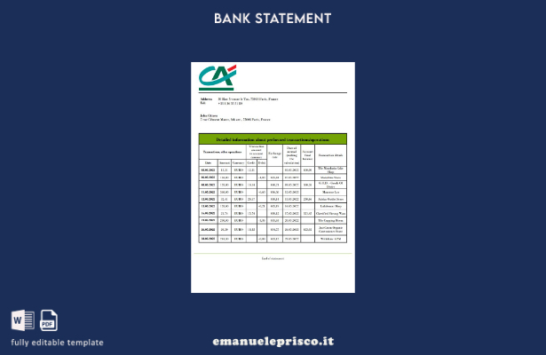 modello word di estratto conto bancario France Credite Agricole in stile verific