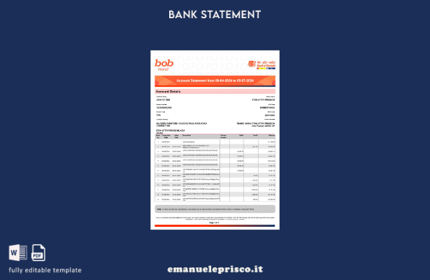 modello word di estratto conto bancario India Bob Bank of Boroda in stile verifi