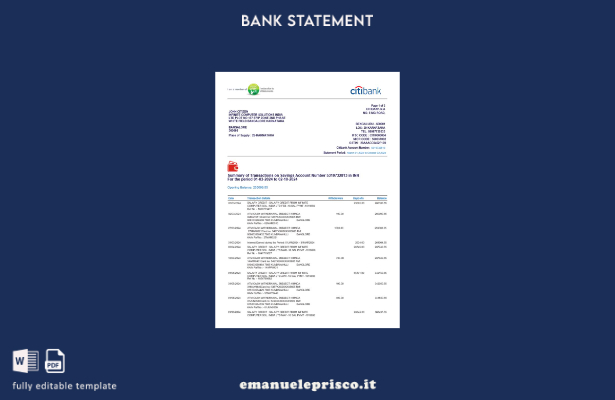 modello word di estratto conto bancario India Citibank in stile verificato