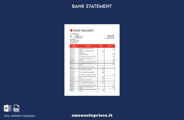 modello word di estratto conto bancario Israel Bank Hapoalim in stile verificato