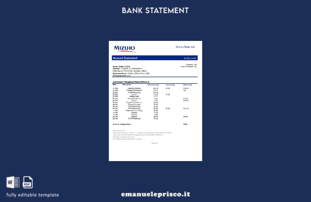 modello word di estratto conto bancario Japan Mizuho in stile verificato