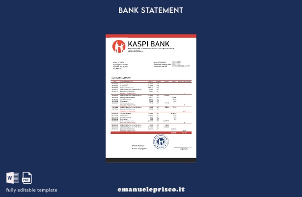 modello word di estratto conto bancario Kaspi stile verificato Kazakistan