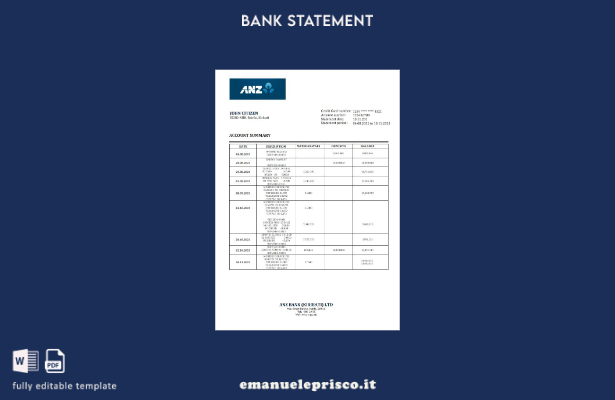 modello word di estratto conto bancario Kiribati ANZ in stile verificato
