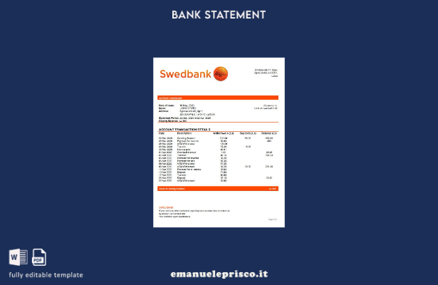 modello word di estratto conto bancario Lettonia Swedbank in stile verificato