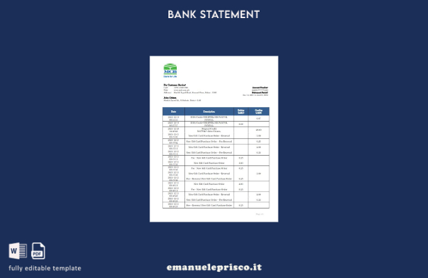 modello word di estratto conto bancario MCB degli Emirati Arabi Uniti in stile v
