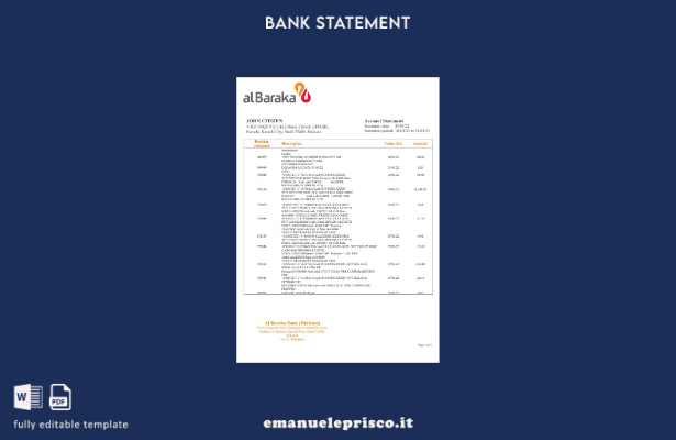 modello word di estratto conto bancario Pakistan Al Baraka in stile verificato