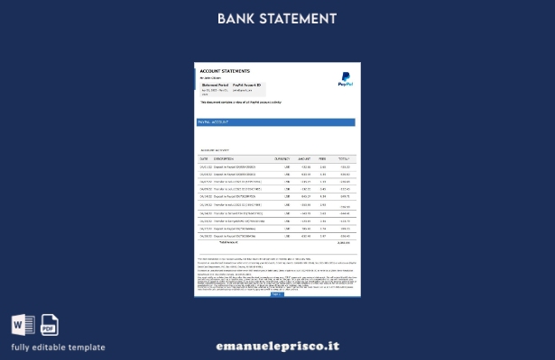modello word di estratto conto bancario PayPal USA in stile verificato
