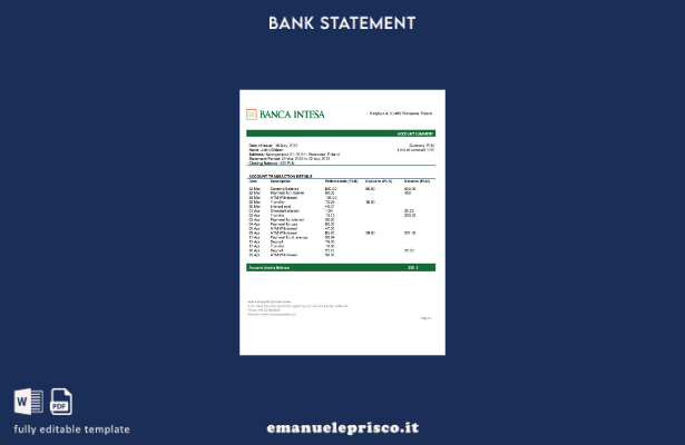 modello word di estratto conto bancario Polonia Banca Intesa in stile verificato