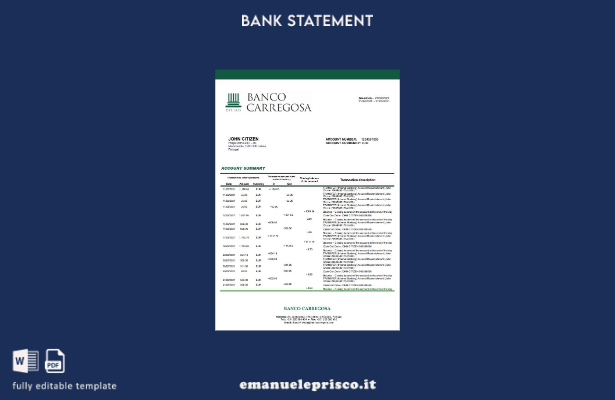 modello word di estratto conto bancario Portogallo Banco Carregosa in stile veri