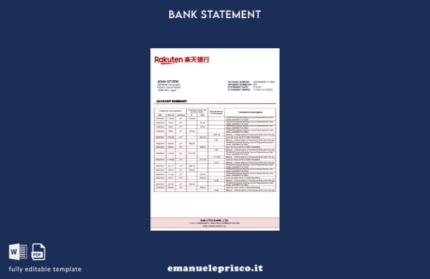 modello word di estratto conto bancario Rakuten in stile verificato in Giappone