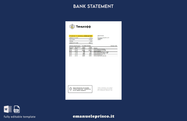 modello word di estratto conto bancario Russia Tinkoff in stile verificato