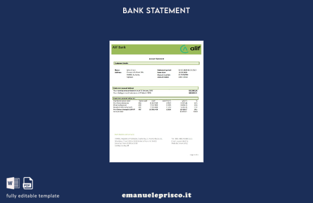 modello word di estratto conto bancario Tagikistan Alif in stile verificato